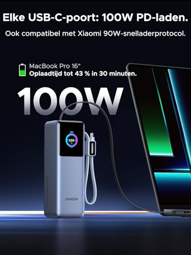 UGREEN Nexode Pro Power Bank, 25000mAh, 200W max. snelladen met 68cm intrekbare kabel en USB-C-kabel, compatibel met MacBook Pro, Dell XPS, Lenovo, HP-laptops, iPad Pro, Galaxy S25 Ultra, iPhone 17 - Afbeelding 5