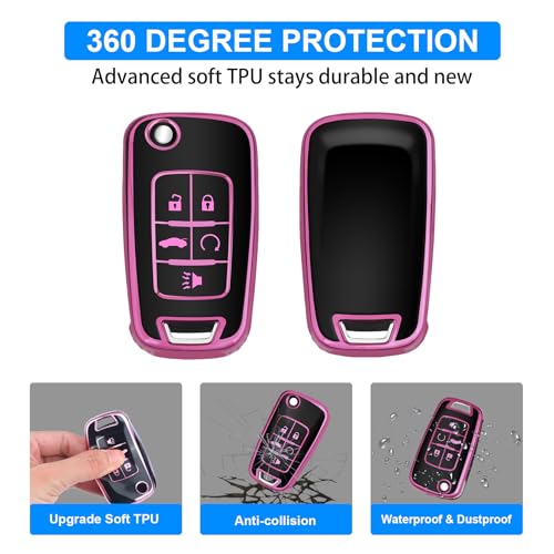Image of QBUC for Chevy Key Fob Cover with Keychain Fit for Chevrolet Equinox Buick Camaro Cruze Malibu Impala Sonic Full Protection (Black /Pink)
