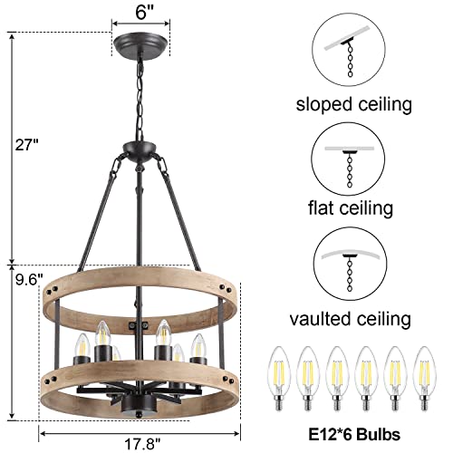Kviflon Rustic Pendant Kitchen Island Light Fixtures,18" Black Round Metal Chandelier, 6-Light Farmhouse Industrial Hanging Ceiling Pendant Lights Chandeliers For Dining Room, Foyer, Porch, Bar #TOP5