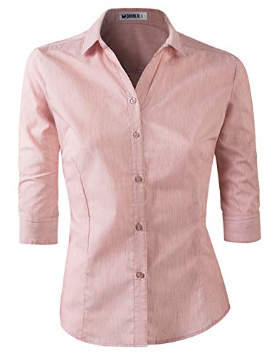 Doublju Womens Slim Fit Plain Classic 3/4 Sleeve Button Down Collar Shirt Blouse Peachheather M #TOP9