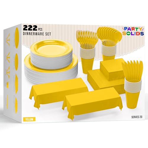 Party Solids 222 Pcs Yellow Paper Plates and Napkins Sets, Disposable Plates For Party, Lunch & Cocktail Napkins Paper, 18oz Plastic Cups, Cutlery and Yellow Table cloth Plastic Dinnerware Set