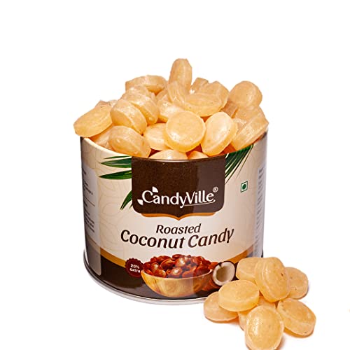 Image of CandyVille Roasted Coconut Candy Tin (340Gm) | Crunchy Coconut Toffees In Tin | Mildly Roasted With Sugar | No Added Colours Or Preservatives | Traditional Indian Sweets