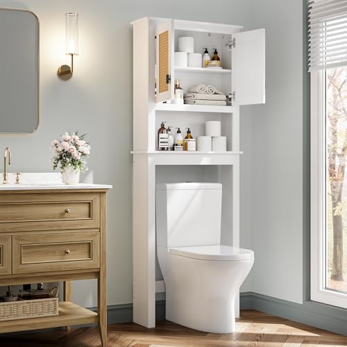 GarveeHome Over The Toilet Storage Cabinet, Farmhouse Over Toilet Bathroom Organizer with Rattan Doors, Freestanding Wood Above Toilet Storage Cabinet with Adjustable Shelf, White