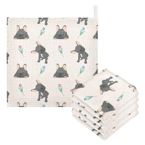 Image of vvfelixl Baby Cotton Washcloths Black French Bulldog Infants Bath Towel for Unisex Face Towels for Newborn, Natural Baby Wipes Delicate Skin, 11.8 X 11.8 inch, one sizex5