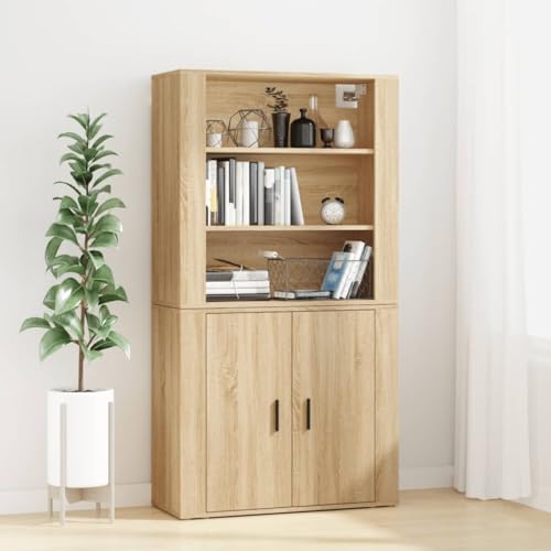 Mokuyary - Aparador alto roble Sonoma madera de ingeniería, aparador con compartimento para armario de almacenamiento, armario lateral de cocina para sala de estar, dormitorio -B