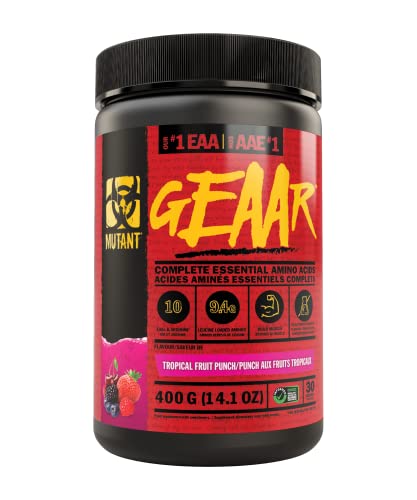 MUTANT GEAAR | 9.4g of EAA Powder + Arginine, 7g of BCAAs, 4g Leucine, Electrolytes, No Artificial Colours or Flavours | 30 Servings | Tropical Fruit Punch | 378g