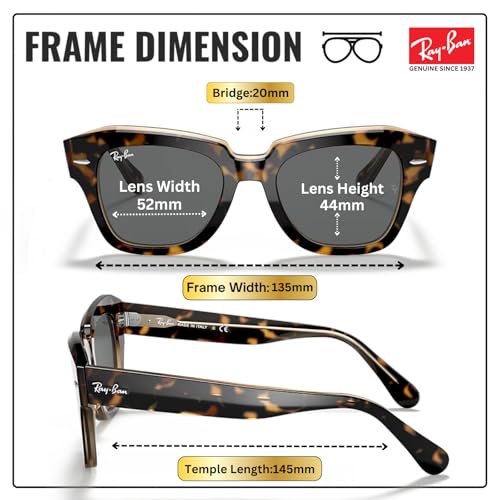 Image of Ray-Ban RB2186 STATE STREET Square Shaped Sunglasses for Women with Official RAYBAN Eyewear Kit