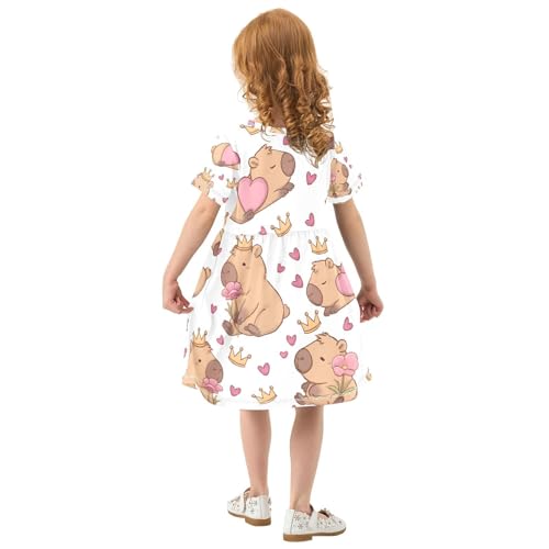 Girls' Summer Dress Short Sleeve Capybara Crown Heart Pattern Casual Dress Princess Dresses3