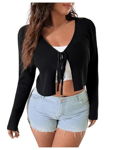 Image of Floerns Women's Tie Front Long Sleeve Rib Knit Shrug Sweaters Cardigan Crop Top Black 2XL