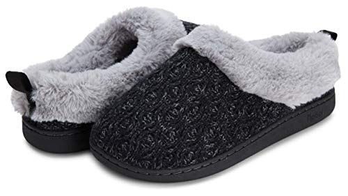 Womens Indoor/Outdoor Patterned Sweater Knit Plush Faux Fur Clog Slipper W/Memory Foam (L, Black-329)