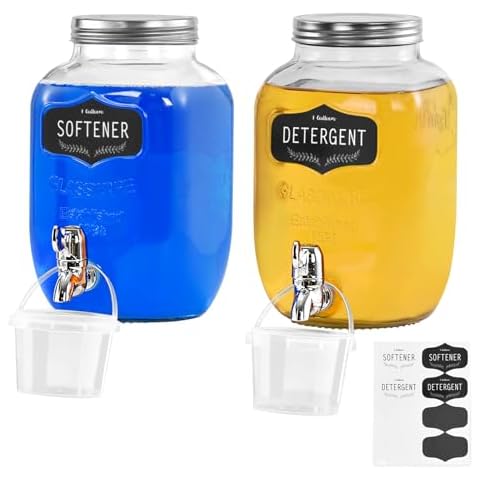 Laundry Detergent Dispenser with Faucet, Waterproof Labels for Liquid Detergent, Soap, Fabric Softener - 2 Pcs 1 Gallon Glass Jars Laundry Containers for Laundry Room Organization and Storage, Casual Cover