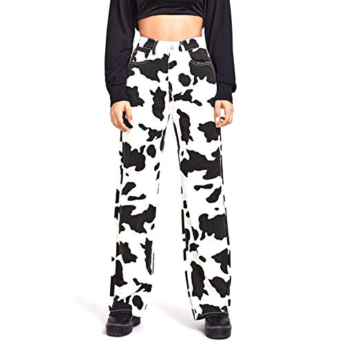 Women Cow Print Jeans High Waisted Straight Leg Denim Pants Cargo Trousers with Pockets Western Cowgirl Outfit