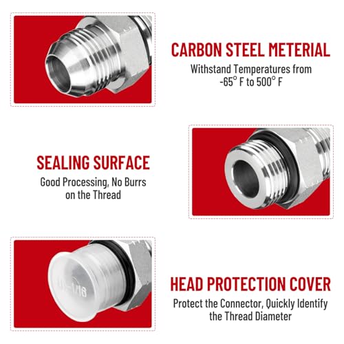 Image of 10 Pack Hydraulic Hose Adapter Fittings: 3 /4 inch JIC 37 Male x #12 SAE /ORB Male, Straight Tube Fitting Kits with Protection Cover