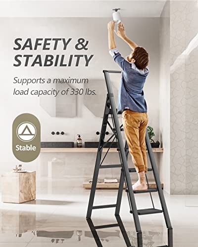 Soladder 6 Step Ladder, Folding Step Stool With Handgrip And Anti-Slip Wide Pedal, Portable Lightweight Aluminum Stepladder For Kitchen, Home, Library, Office (330 Lbs Capacity) - Black #TOP2