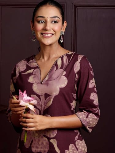 Image of Rimeline Women's Cotton Floral Printed Kurta with Notch Neck Detail | Straight Fit Ethnic Wear for Office, Casual & Everyday Styling