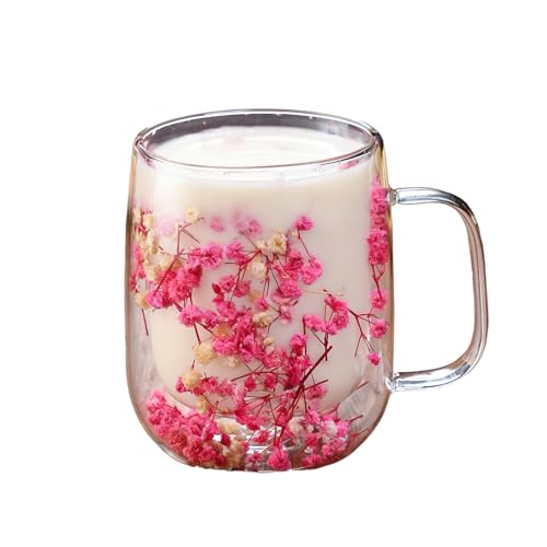 Flower Tea Cup With Double - Double Wall Drink Container With Transparent Dried Flowers And Handle,Cute Tea Cups,For Winter Balcony Garden Park Home Picnic Party Whiskey Milk Beer