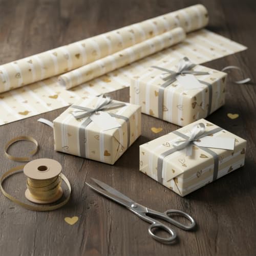 Image of Perttykrafts Golden Heart Gift Wrapping Paper | Pack of 5 | 70x50x0.2 cm | Large Size | Reusable & Eco-Friendly Paper Bags for Gifting, Parties, Return Gifts, Shopping and Special Occasions