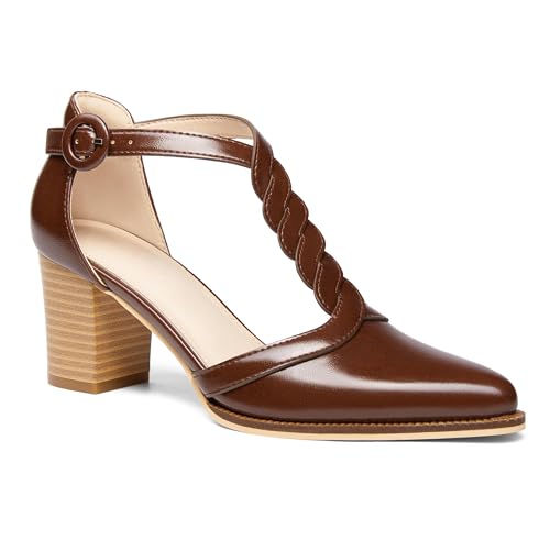 Image of Coutgo Womens Block Chunky Heels T Strap Pointed Toe Work Dress Shoes