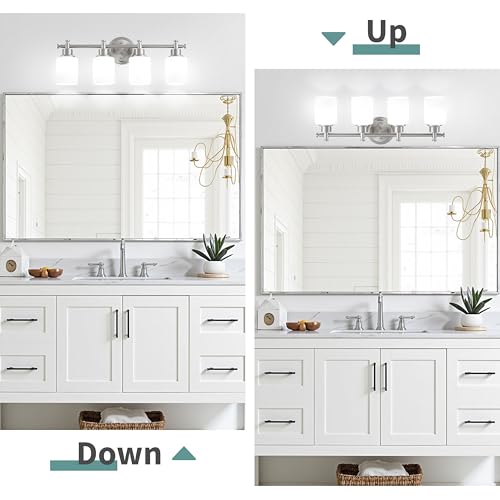 Image of 4-Light Bathroom Vanity Light, 23 In Brushed Nickel Vanity Light Fixture | Modern Anti-Rust Wall Sconce over Mirror with White Frosted Glass Shades, Bathroom, Hallway, 23 Inch, E26(Bulbs Not Included)