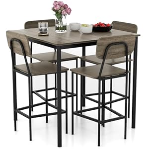 Giantex 5-Piece Dining Table Set W/Counter Height Table & 4 Bar Stools, Modern Kitchen Dining Set W/Footrest & Backrest, Space-Saving Dinette Set for Pub, Dining Room, Restaurant (Black Oak)