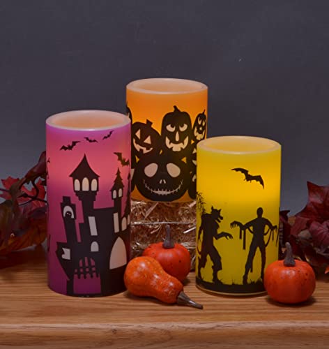 Image of Mark Feldstein & Associates Halloween Haunted House Silhouette Flameless LED Wax Candle Pillars, 3 Piece Set, 6 Inch