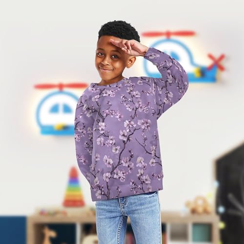 JUNZAN Vintage Cherry Blossom Purple Kids Girls Hooded Sweatshirt Fleece Hoodie for Boys Camping 4T4