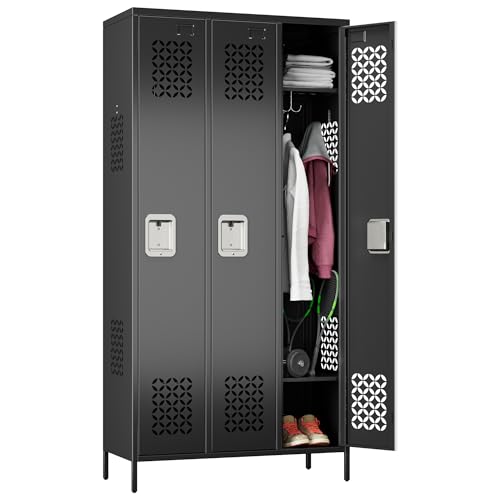 METAN Upgrade Metal Lockers for School Office Gym Bedroom,3 Doors Steel Storage Locker Cabinet for Employees,Industrial Storage Locker with 2 Shelves,Assembly Required,Black