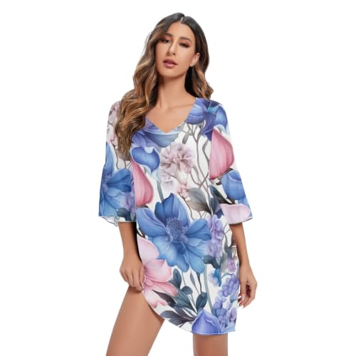 Robe courte imprimé hawaïen bleu fleurs de plage pour femme en coupe fluide