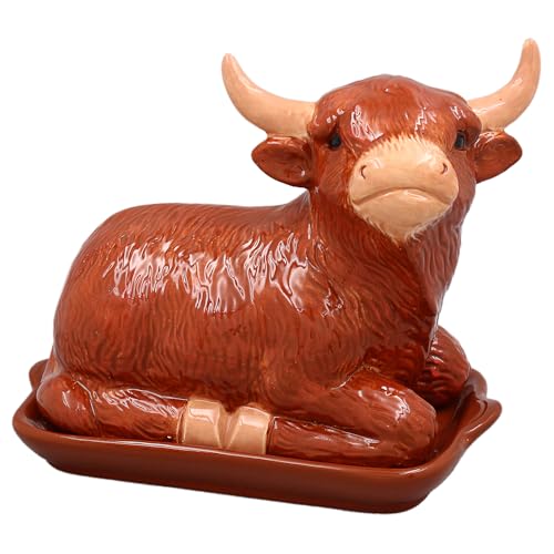 The Leonardo Collection Highland Cow Butter Dish | Decorative Ceramic Butter Keeper with Rustic Farmhouse Design | Covered Butter Storage for Breakfast, Brunch or Everyday Kitchen Use