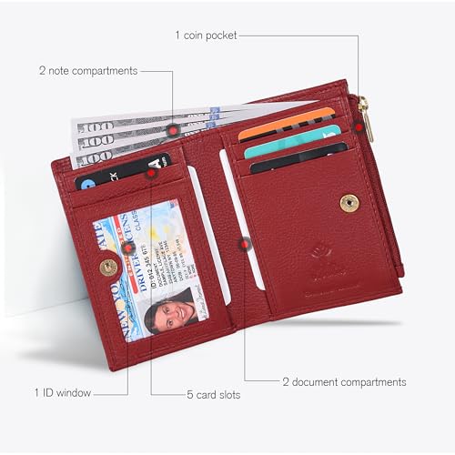 Image of Oak Leathers Leather Wallet For Women - Small RFID Coin Purse Credit Card & ID Holder for Ladies, Gift for Women's, Bifold Wallets (Nappa Red)
