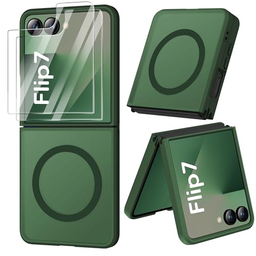 Image of ORETECH Magnetic for Samsung Galaxy Z Flip 7 Case, with [2 x Screen Protector] Translucent Back Non-Slip Hard PC Shockproof Bumper Protective Case for Samsung Z Flip 7 - Green