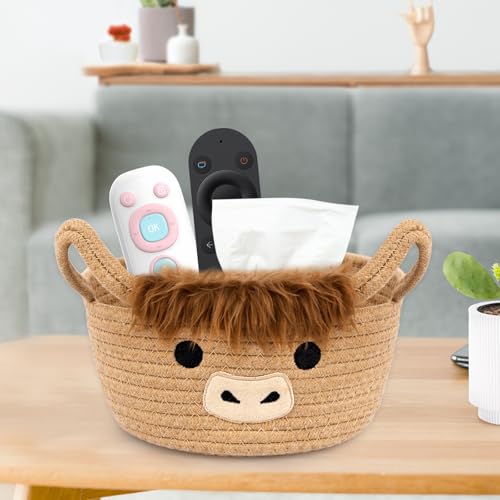 Image of Highland Cute Cow Basket for Nursery, Small Shower Gift Basket | Round Woven Rope Cotton Storage,Baby Blanket 0rganizer with Ears Handles,Blanket Towel Decor Storage Bins,10.7 inchD x 4.4 inchH IN
