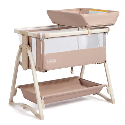 JOYMOR Baby Bassinet 5 in 1 Bassinet Bedside Sleeper with Changing Table for Baby 7 Height Adjustable Rocking Bed with Wheels Mattress Mosquito Net Storage Basket for Newborn