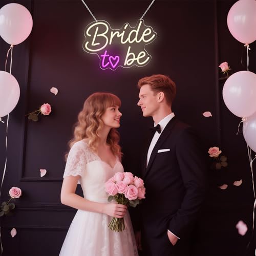 Image of Bride to Be Wedding Sign, USB Powered Neon Signs with Dimmer and Sticky Hook, Hanging LED Light Sign Decorations, Home Decor for Bedroom Party Wall 16.54 * 11.42 inch