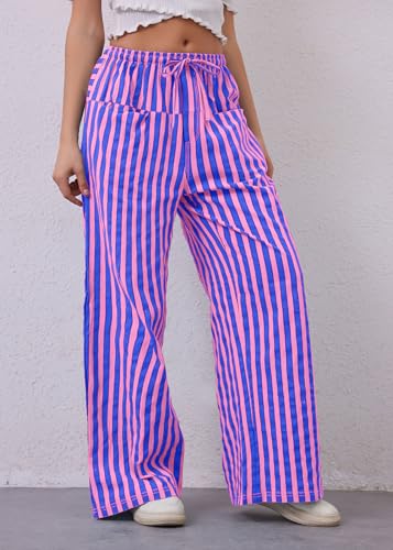 Image of MISSACTIVER Women Drawstring Striped Pants Loose Wide Leg Trousers Comfy Low Waist Pants Casual Lounge Pants with Pockets Pink Blue, Small