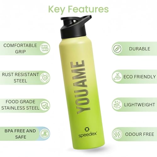 Image of Speedex Engraved Name Stainless Steel Sipper Water Bottle 1 Ltr - Customised Personalised Bottle for Kids & Adults, School, Gym, Sports, Black, Set of 1 (Lime Green, Set Of 1)