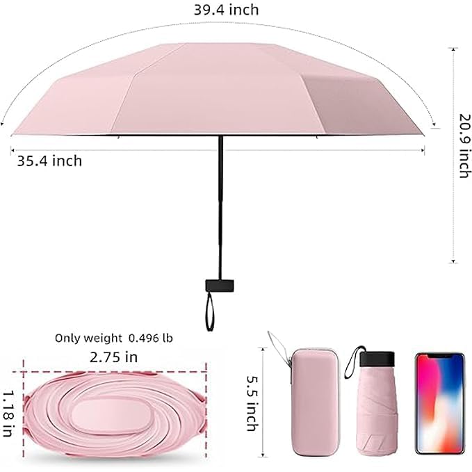 Image of TEKCOOL Travel Mini Folding Compact Umbrella with Case, Manual Open 6 Ribs Lightweight Portable, Small Sun & Rain Pocket Umbrella for Girls and Women- Use in Rain & Summer(Pink)'';