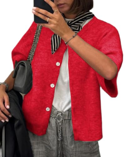 Image of Women Lightweight Knitted Cropped Cardigan Shirt Short Sleeve Button Down Sweater Y2k Open Front Loose Ribbed Shirt