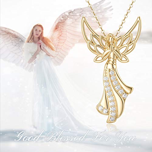 Motiel Fairy Pendant Necklace With Angel Wings 14K Yellow Gold Faith Blessed Necklace Jewelry Gift For Princess Girls Women 16+1+1 Inches #TOP1