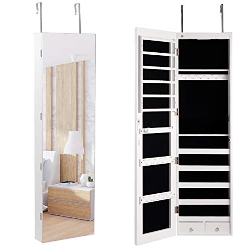 COSTWAY Armoire à Bijoux Mural avec Miroir et Lumière LED Armoire de Rangement Accrochée à La Porte 120 x 36 x 10 cm (Blanc)