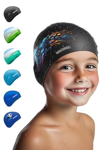 KIDVERSE Badekappe Kinder wasserdicht - Schwimmhaube Kinder mit Anti-Rutsch-Noppen - Badekappen für Schwimmer mit UV Schutz - Schwimmhaube Jungen - Reißfeste Badehauben in verschiedenen Größen