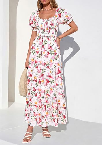 PRETTYGARDEN Women's Floral Boho Maxi Dresses Flowy Short Sleeve A Line Smocked Eyelet 2026 Summer Beach Vacation Clothes (Floral Red,Small) — view 2