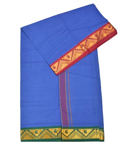 Image of TUNI MANI Men's Panchakacham Dhoti with Angavasthram Towel, Jari Border, 100% Cotton, Size: 9 X 5 (4.0mtr Dhoti, 2.25mtr Towel) (Unstitched)