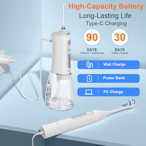 H2ofloss Sonic Electric Toothbrush and Water Flosser Combo, Rechargeable 2000mAh Toothbrush and 2500mAh Oral Irrigator with 300ml Tank, 4 Brush Heads, 5 Nozzles, 2 in 1 for Home and Travel (White) - Image 5