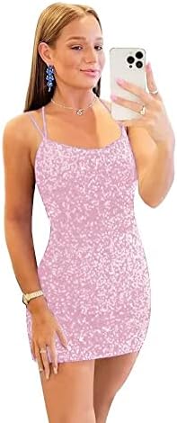FVUECIY Short Homecoming Dresses for Women Glitter Sequin Spaghetti Strap Bodycon Backless Formal Party Dress for Teens Light Pink 2