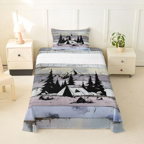 Erosebridal Camping Tent Sheet Set Pineforest Lodge Cabin Camp Twin Sheets Set for Kids Teens Child,Smoky Mountain Wooden Plank Rustic Fitted Sheet