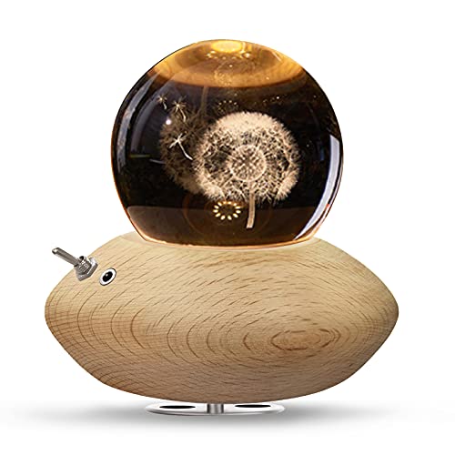 HILEYOLLA 3D Kristallkugel Spieluhr,Löwenzahn Nachtlicht Spieluhr mit Warmem-Projektionsleuchte Holzsockel Rotierende K9 Spieluhren für Weihnachten Geburtstags-Erntedankgeschenk Cover