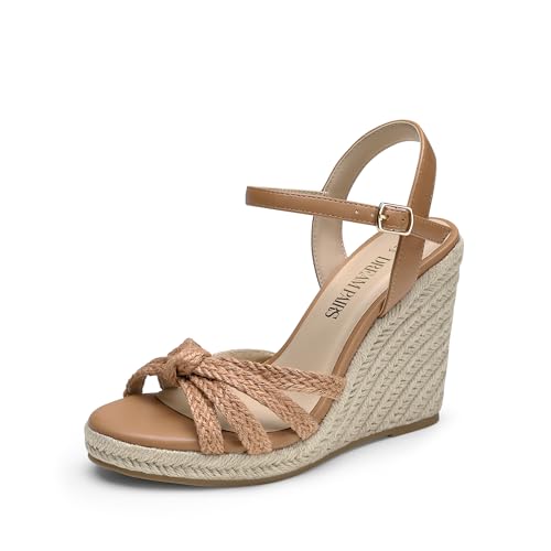 DREAM PAIRS Wedge Sandals for Women Dressy Summer, Platform Espadrille Strappy Casual Braided Heels Comfortable with Open Toe and Ankle Strap 6.5 Brown-raffia