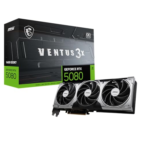 MSI Gaming RTX 5080 16G Ventus 3X OC Graphics Card (16GB GDDR7 256-bit Extreme Performance: 2655 MHz DisplayPort x3 2.1a HDMI 2.1b NVIDIA Blackwell Architecture)