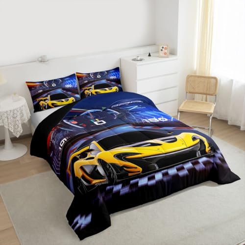 Image of Feelyou Blue Yellow Sports Bedding Set - Race Car Comforter Set for Kids - Twin Size with 1 Comforter Set and 1 Pillowcase